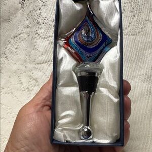 Murano glass wine bottle stopper Italy blue red swirled glass top lined gift box